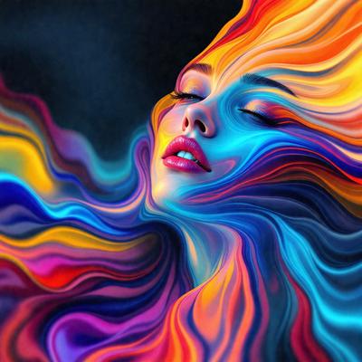 The primary subject of the image is a woman with a colorful, abstract background. She is wearing lipstick and appears to be looking at the camera. The setting is a colorful, swirling background that adds a vibrant and artistic touch to the scene. The visual style of the image is a combination of digital art and illustration, creating a unique and eye-catching composition. The dominant colors in the image are a mix of bright and bold hues, contributing to a lively and energetic